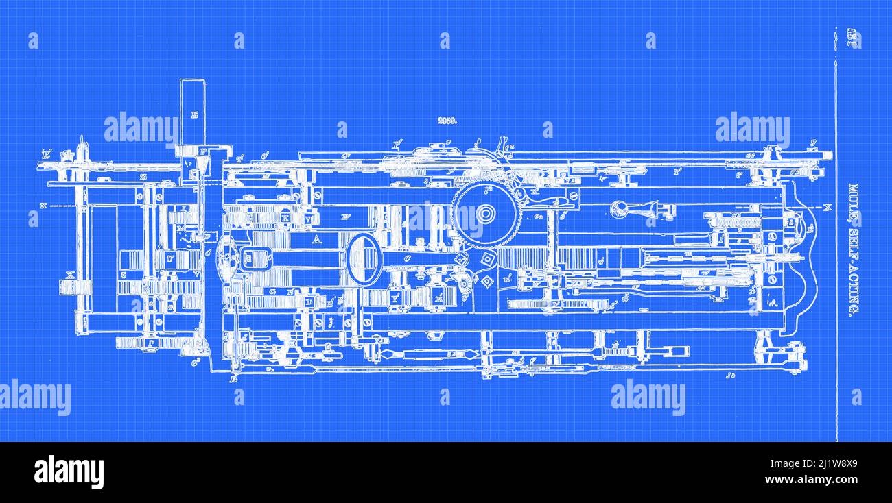 Mule, Self-Acting This machine, invented by J. W. Mason, of Taunton, Mass., for spinning cotton aמd other fibrous substances from Appleton's dictionary of machines, mechanics, engine-work, and engineering : illustrated with four thousand engravings on wood ; in two volumes by D. Appleton and Company Published New York : D. Appleton and Co 1873 Stock Photo