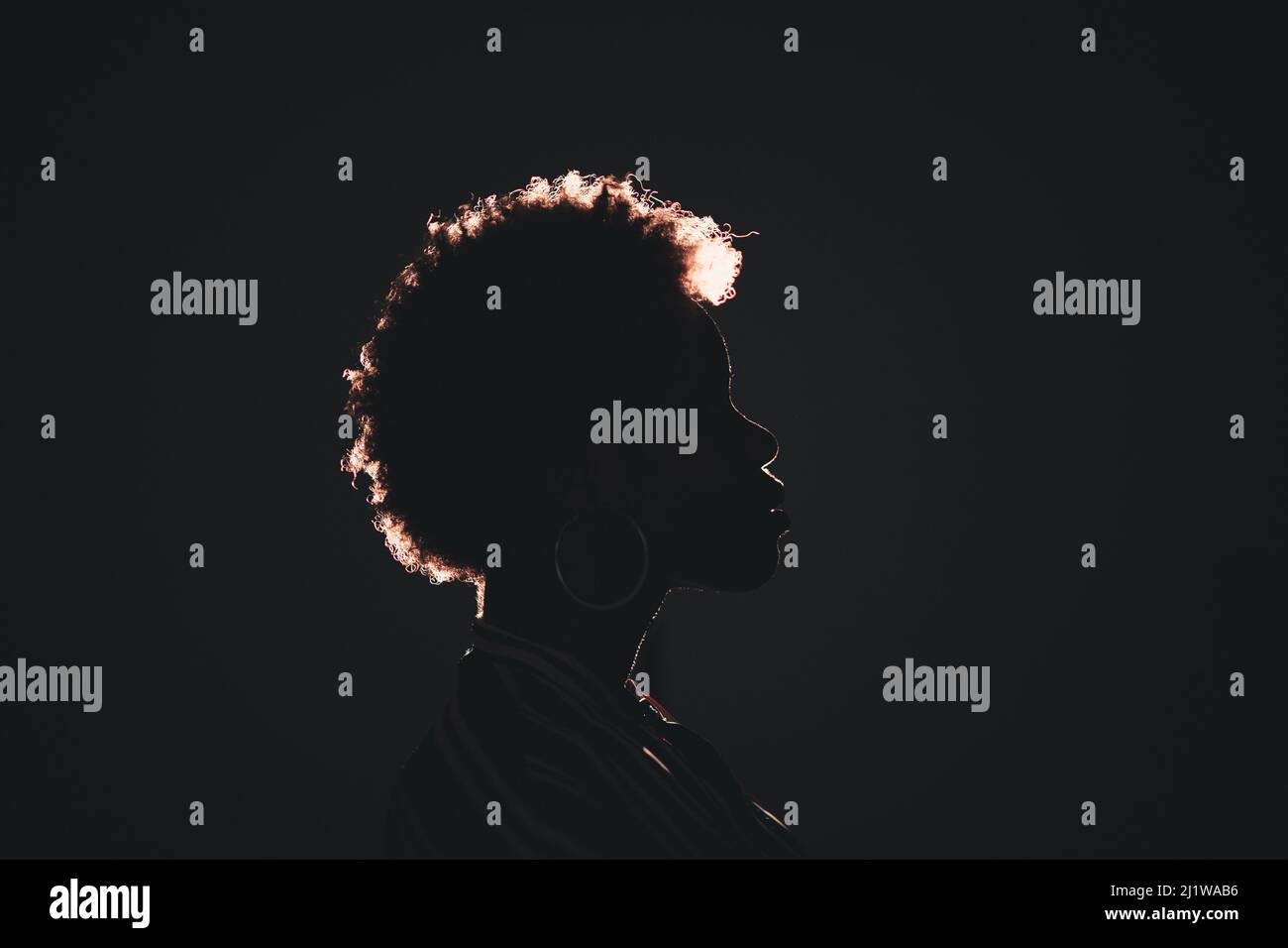 Side view silhouette of unrecognizable African American female with frizzy hair standing in darkness on black background Stock Photo