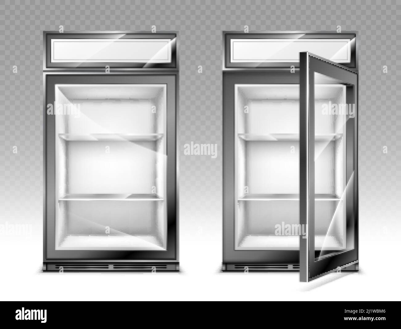 Mini refrigerator for beverages with advertising digital display and transparent close and open glass door. Empty fridge for food or drinks in store. Stock Vector