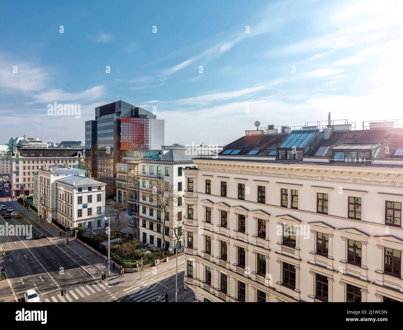 City Crossing Getreidemarkt and Gumpendorfer Strasse of Vienna with the University of Technology for of Chemistry and Mechanical Engineering Stock Photo