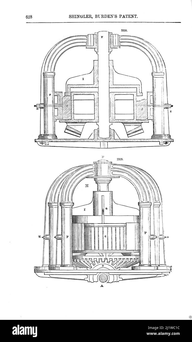 Shingler, Burden's Patent from Appleton's dictionary of machines, mechanics, engine-work, and engineering : illustrated with four thousand engravings on wood ; in two volumes by D. Appleton and Company Published New York : D. Appleton and Co 1873 Stock Photo
