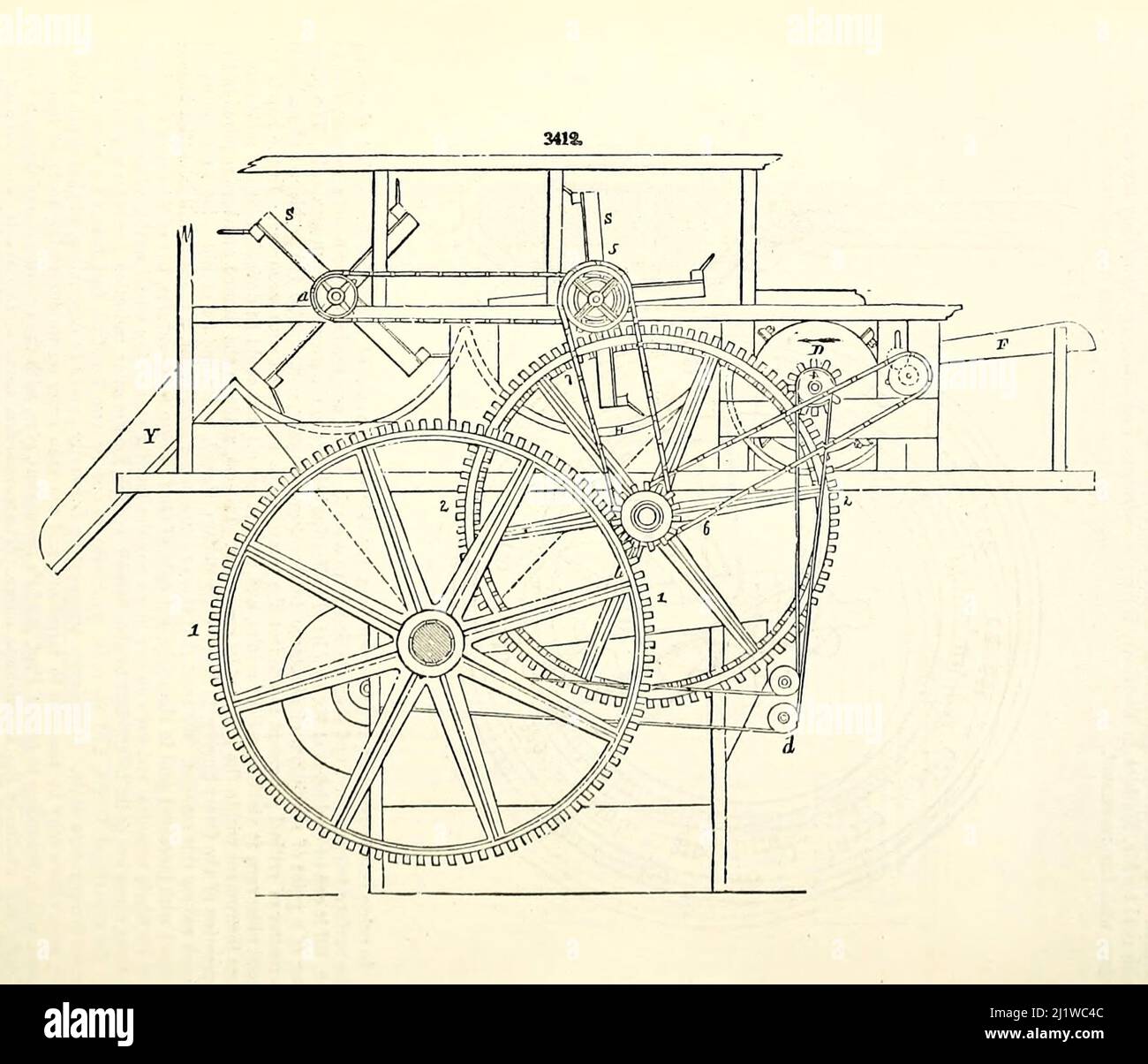 Threshing Machine from Appleton's dictionary of machines, mechanics, engine-work, and engineering : illustrated with four thousand engravings on wood ; in two volumes by D. Appleton and Company Published New York : D. Appleton and Co 1873 Stock Photo