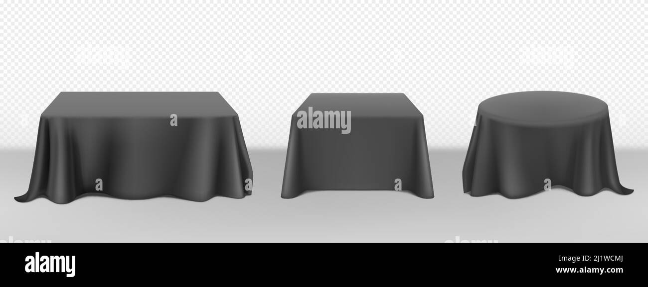 Black tablecloth on round square tables. Vector realistic mockup of