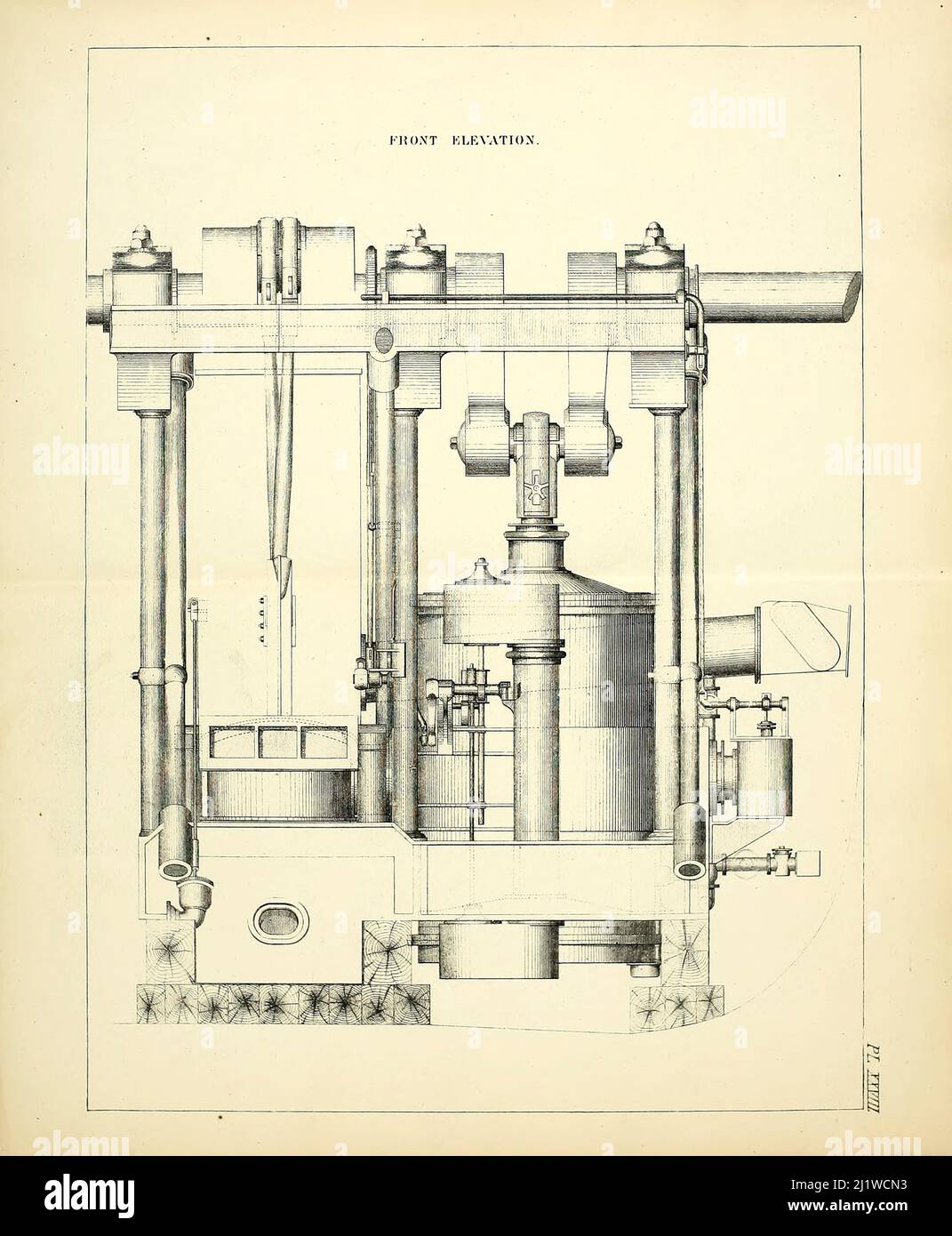 Steam Engine Front Elevation from Appleton's dictionary of machines, mechanics, engine-work, and engineering : illustrated with four thousand engravings on wood ; in two volumes by D. Appleton and Company Published New York : D. Appleton and Co 1873 Stock Photo