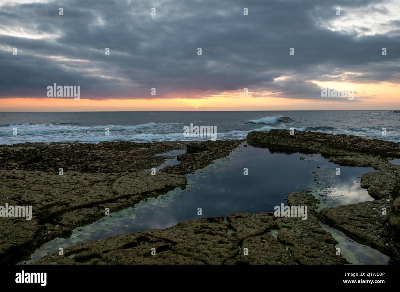 Blue hour Thornwick Bay Yorkshire coast. UK Stock Photo