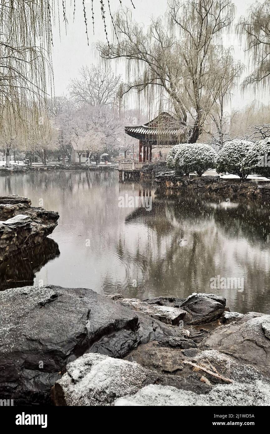 Chinese pavilion surrounded by pond and trees on snowy day, Beijing China. High 4K quality video. Stock Photo