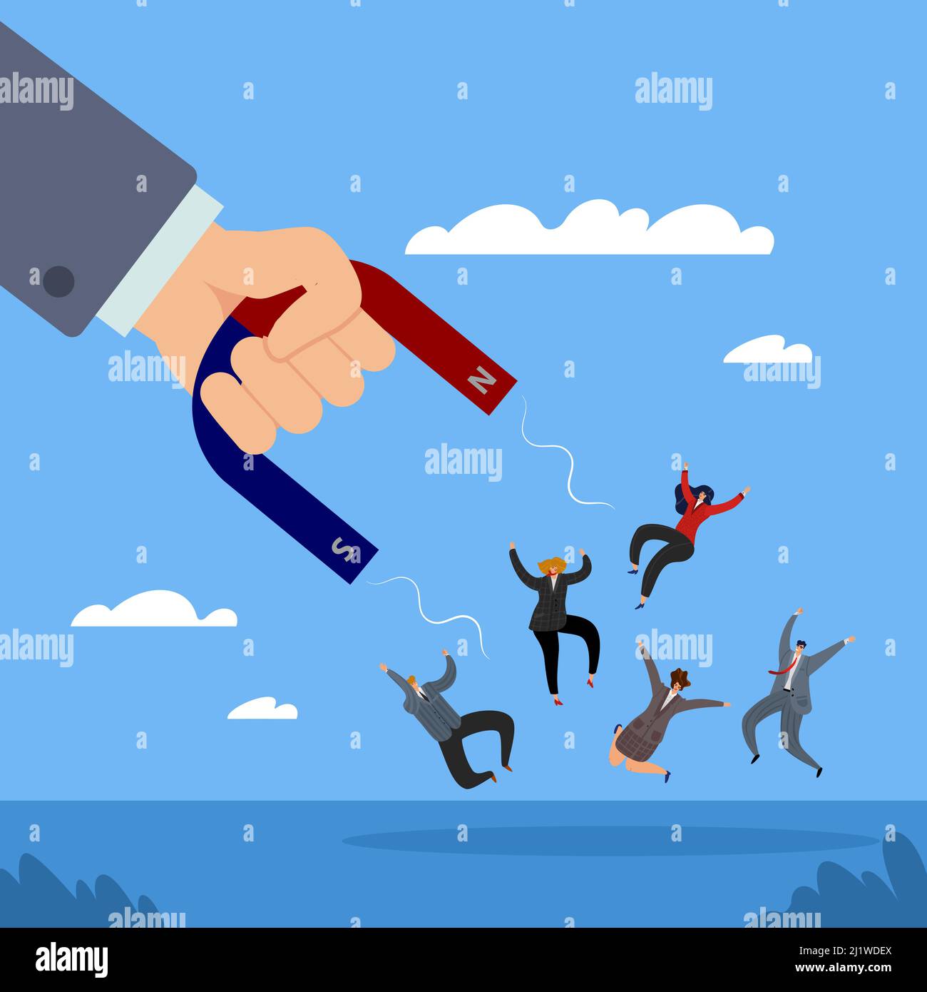 Attracting staff. Human resource recruiting candidates or talents. Hiring clients or new customers, attract electorate. Hand hold huge magnet Stock Vector
