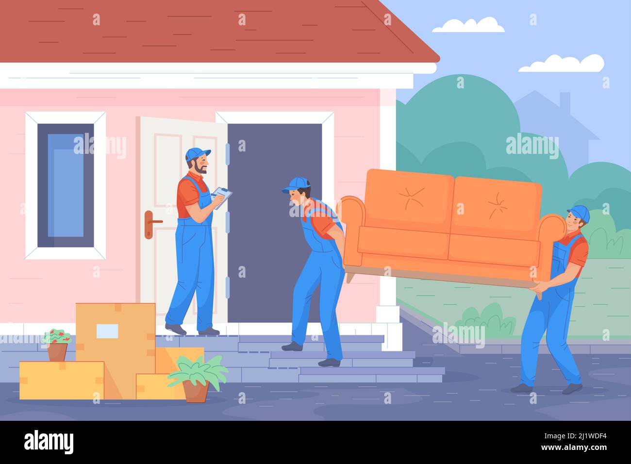 Unloading furniture service. Movers carry sofa with box move house, porter man logistics company, workers package relocation in house or apartment, vector illustration. Delivery service, cargo worker Stock Vector