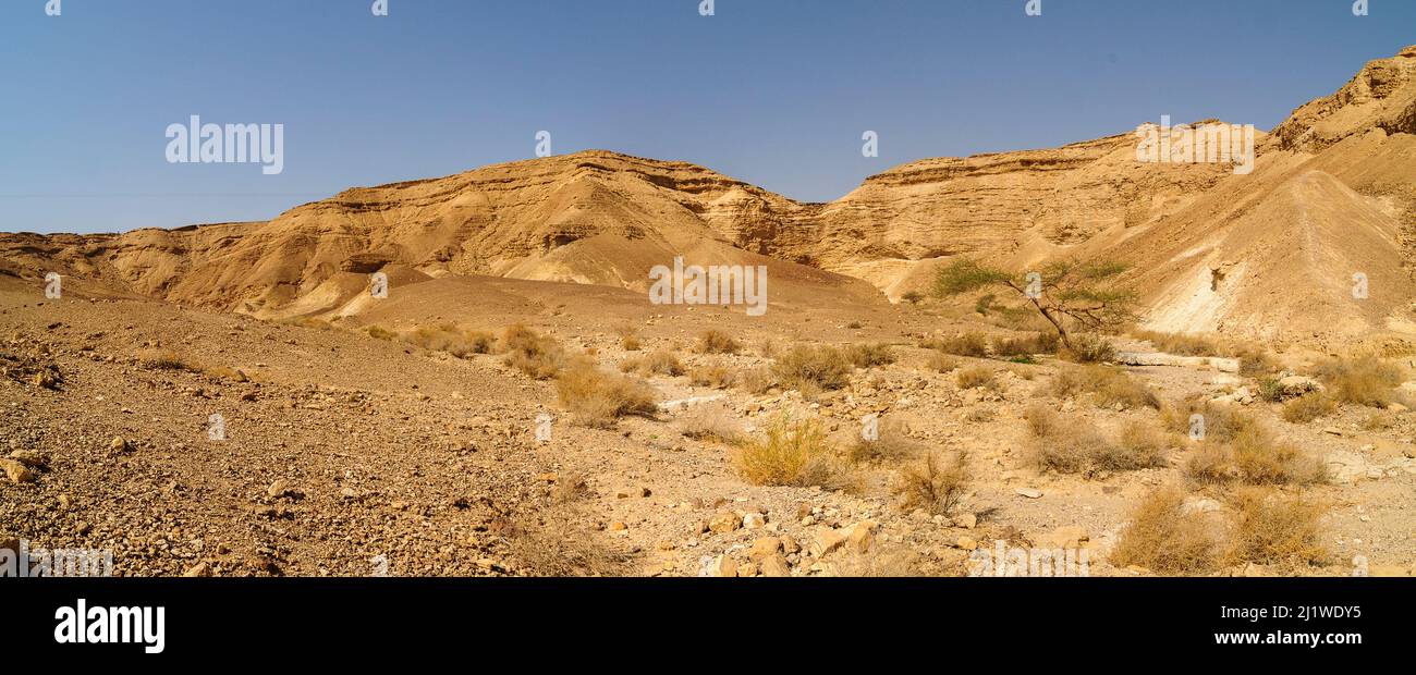 Negev Desert Landscape Photographed at Wadi Peres A seasonal riverbed in the North Eastern Negev Desert on the Southern border of the Judaean Desert. Stock Photo