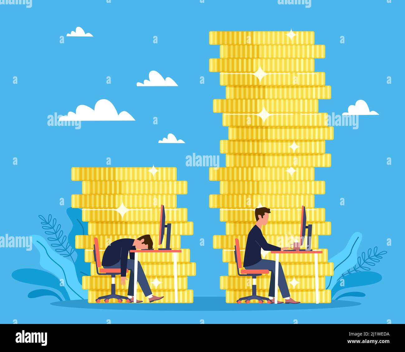 Competition. Efficiency at work, man works at computer, other is tired, gold coins on the background, success and ambitions in career, wages and Stock Vector