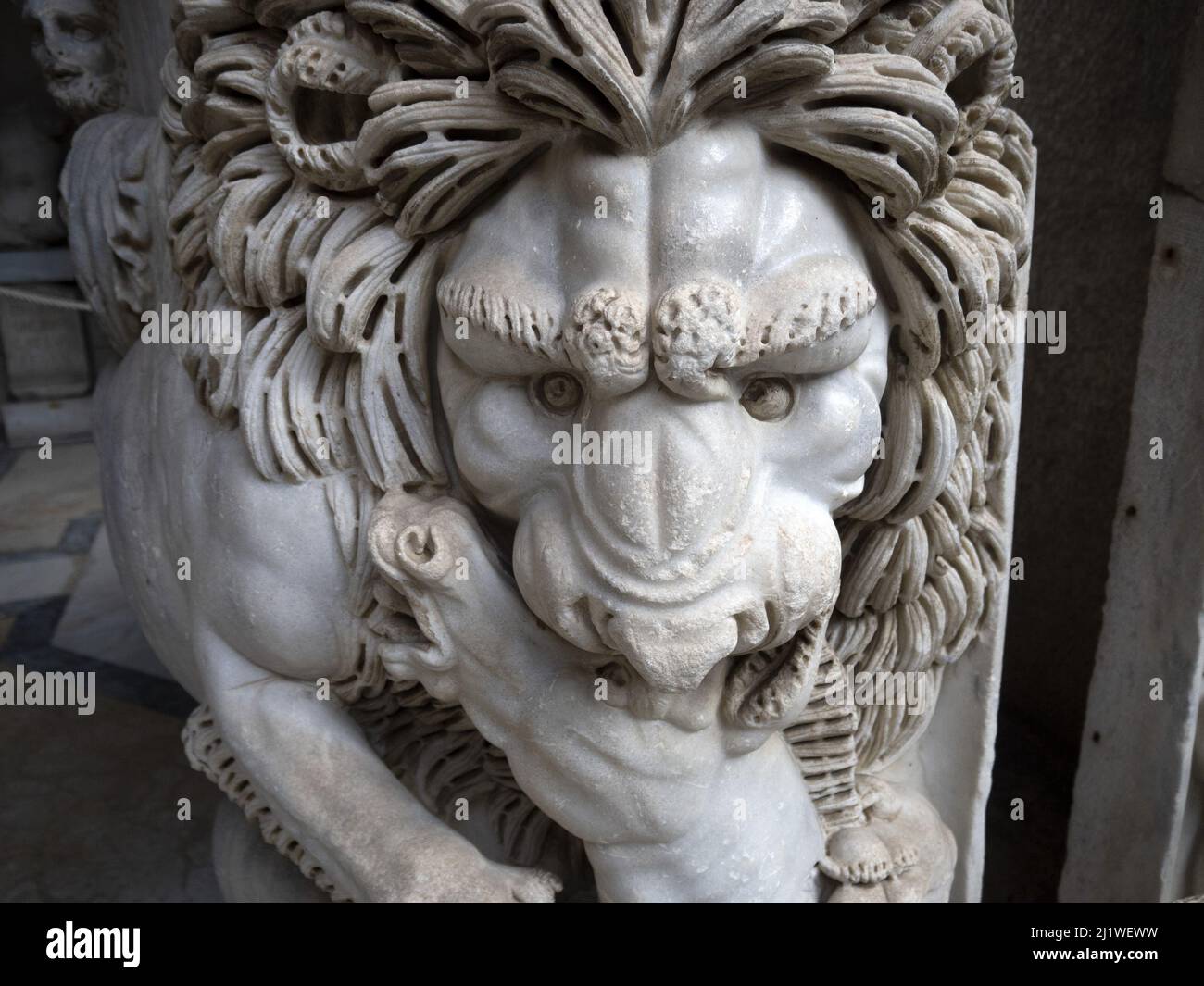 lion killing an horse Roman statue animal old marble sculpture detail Stock Photo