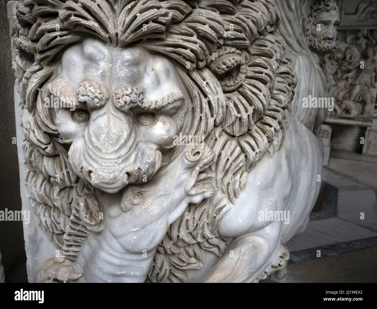lion killing an horse Roman statue animal old marble sculpture detail Stock Photo