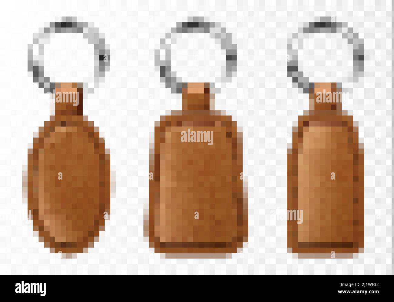 Leather keychains, chinese brown keyring holders with metal rings. Accessories or souvenir trinkets for home, car or office isolated on transparent ba Stock Vector