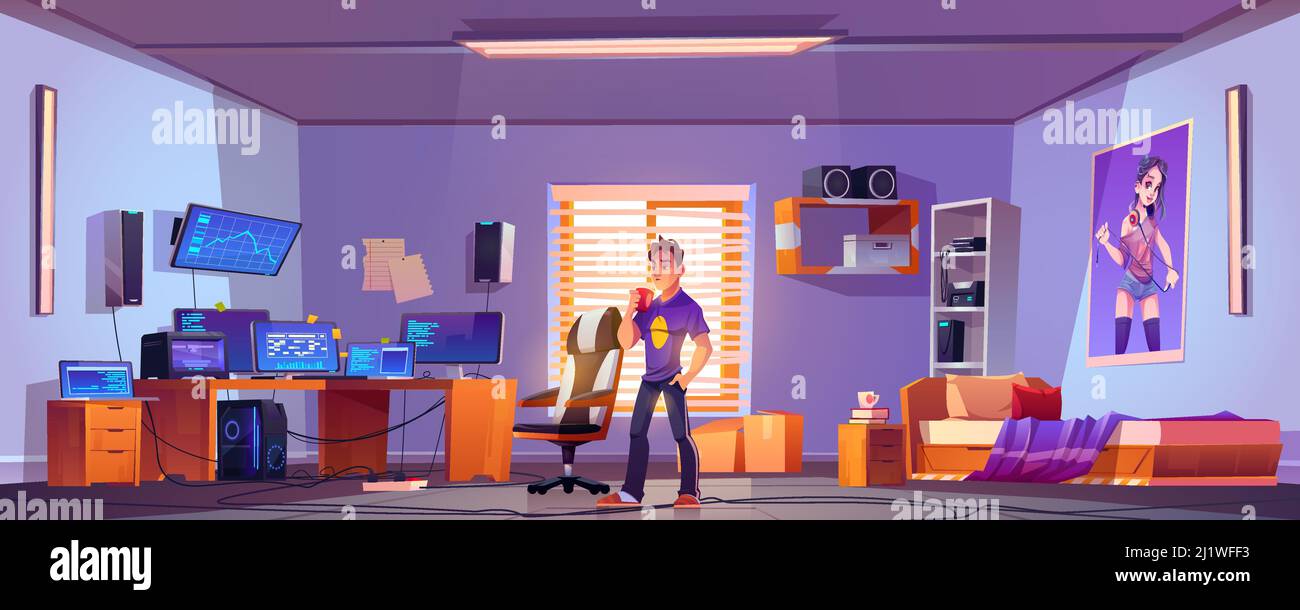 Teenager drinks coffee in bedroom with workspace with computer monitors on desk, chair and printer on shelf. Vector cartoon interior room of gamer, pr Stock Vector