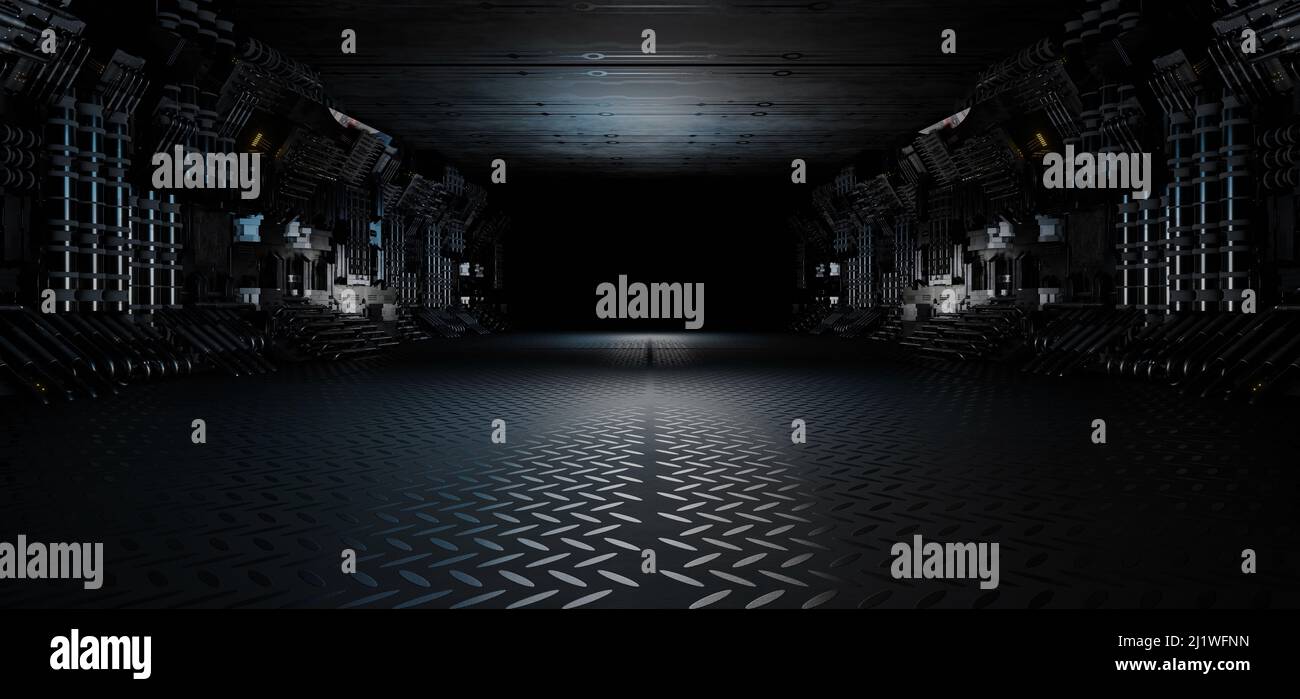 Elegant Alien Hangar Tunnel Futuristic Hallway Cyberpunk Phantom Silver Gray Futuristic Background With Space For Text Used For Reveals Stock Photo