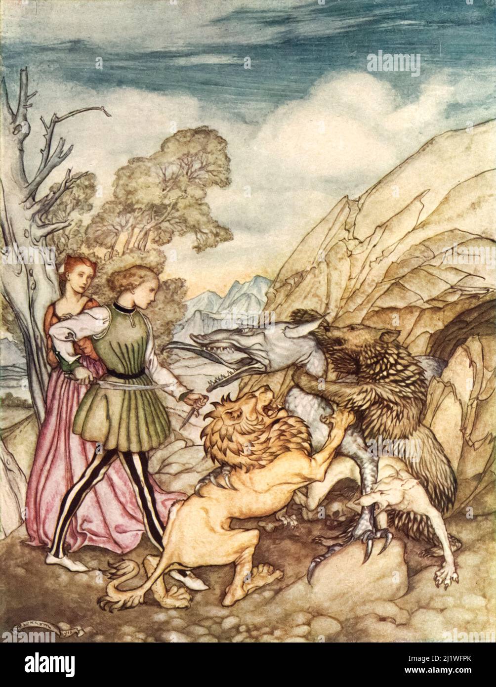 So valiantly did they grapple with him that they bore him to the ground and slew him from Cesarino and the Dragon' (Italian) from the book ' The Allies fairy book ' illustrated by Arthur Rackham Publication date 1916 Publisher J. B. Lippencott co. he Allies' Fairy Book contains a selection of traditional fairy tales from the allied countries participating in World War I. Its stories include; 'Jack the Giant Killer' (English); 'The Battle of the Birds' (Scottish); 'Lludd and Llevelys' (Welsh); 'Gulesh' (Irish); 'The Sleeping Beauty (French); 'Cesarino and the Dragon' (Italian); 'What came of pi Stock Photo