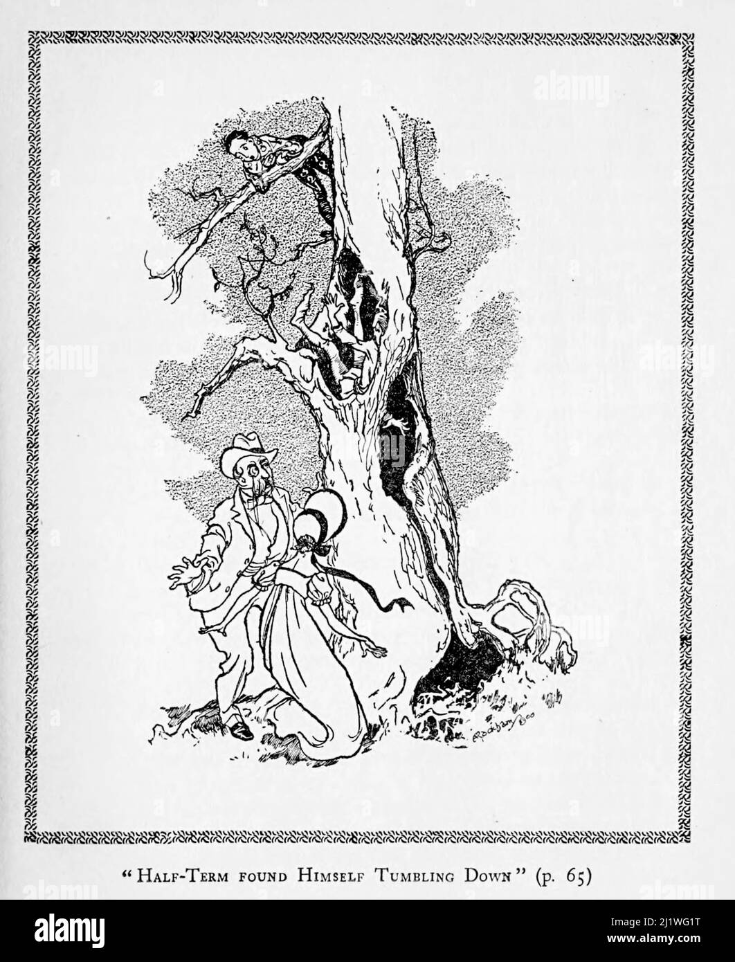 Half-Term found himself Tumbling Down from the book ' The book of Betty Barber ' by Maggie Browne, the pen-name of Margaret Andrewes née Hamer (1864-1937), Illustrated by Arthur Rackham,  Publication date 1914 Publisher Boston, R. G. Badger Stock Photo