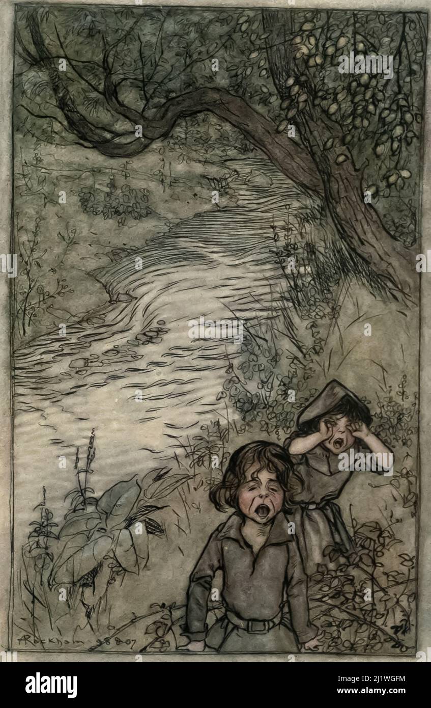 The Babes in the Woods - Wandering about and Boo - hoo - ing from the book ' The Ingoldsby legends; or, Mirth & marvels ' by Thomas Ingoldsby, Illustrated by Arthur Rackham, Publication date 1907 Publisher London, Dent; New York, Dutton. The Ingoldsby Legends (full title: The Ingoldsby Legends, or Mirth and Marvels) is a collection of myths, legends, ghost stories and poetry written supposedly by Thomas Ingoldsby of Tappington Manor, actually a pen-name of an English clergyman named Richard Harris Barham. Stock Photo