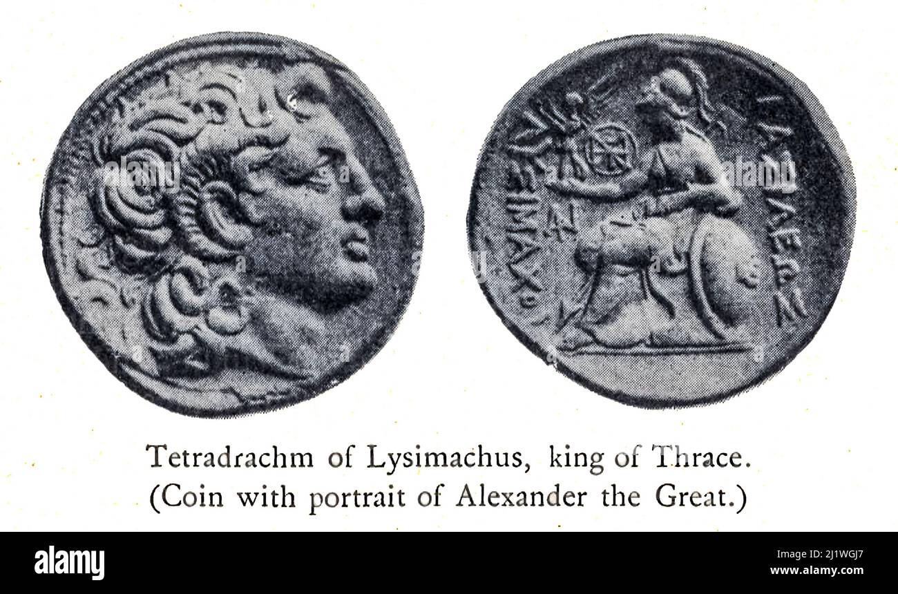 Tetradcachm of Lysimachus, king of Thrace. (Coin with portrait of Alexander the Great.) from the book ' Religious Character of Ancient Coins ' by Jeremiah Zimmerman published in 1908 by Spink & Son Ltd. Stock Photo