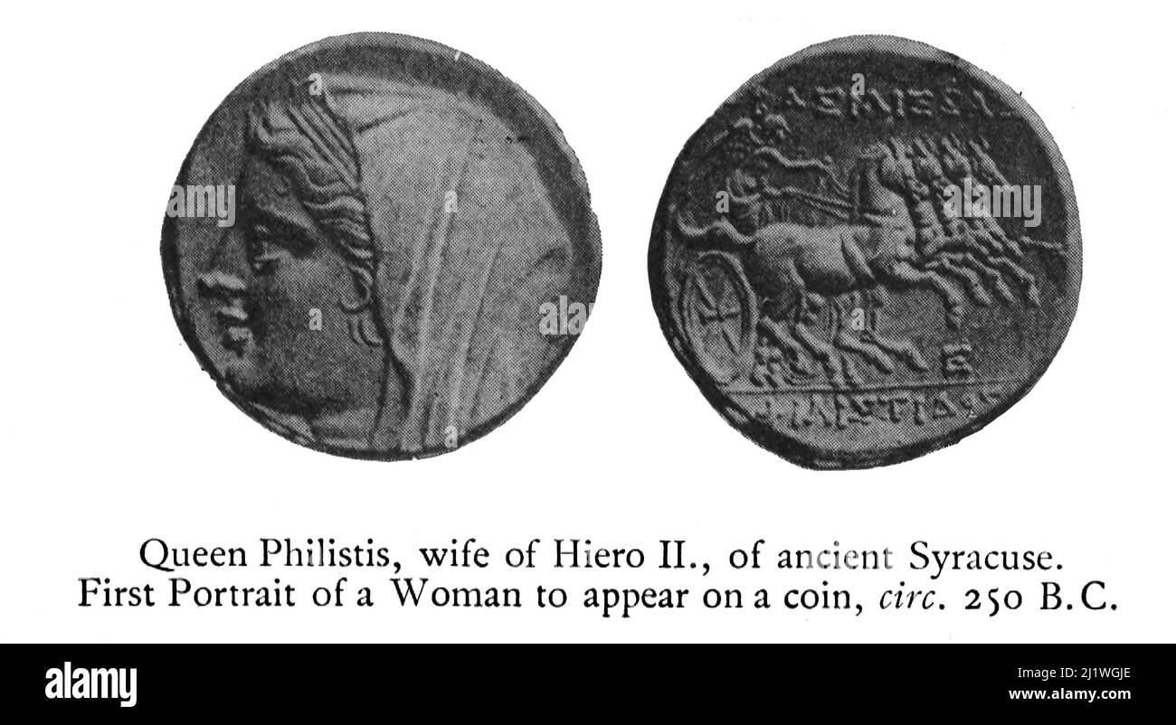 Queen Philistis, wife of Hiero II., of ancient Syracuse. First Portrait of a Woman to appear on a coin, circ. 250 B.C from the book ' Religious Character of Ancient Coins ' by Jeremiah Zimmerman published in 1908 by Spink & Son Ltd. Stock Photo