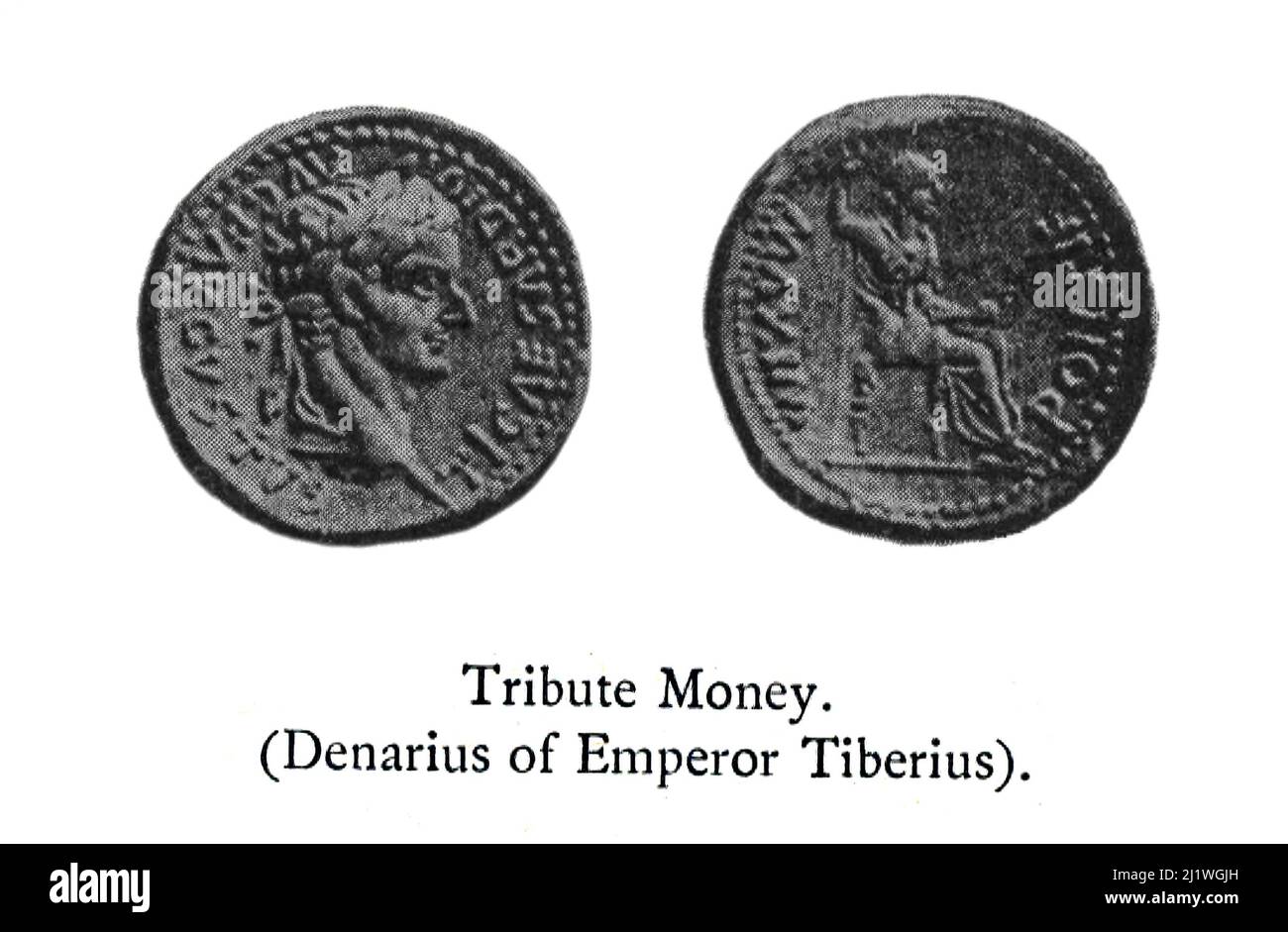 Tribute Money. (Denarius of Emperor Tiberius) from the book ' Religious Character of Ancient Coins ' by Jeremiah Zimmerman published in 1908 by Spink & Son Ltd. Stock Photo