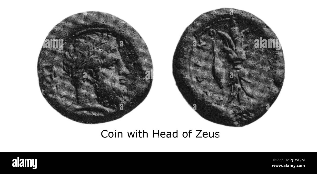 Coin with head of Zeus from the book ' Religious Character of Ancient Coins ' by Jeremiah Zimmerman published in 1908 by Spink & Son Ltd. Stock Photo