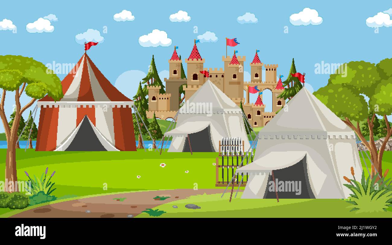 Medieval town scene camp with tents and castle illustration Stock ...
