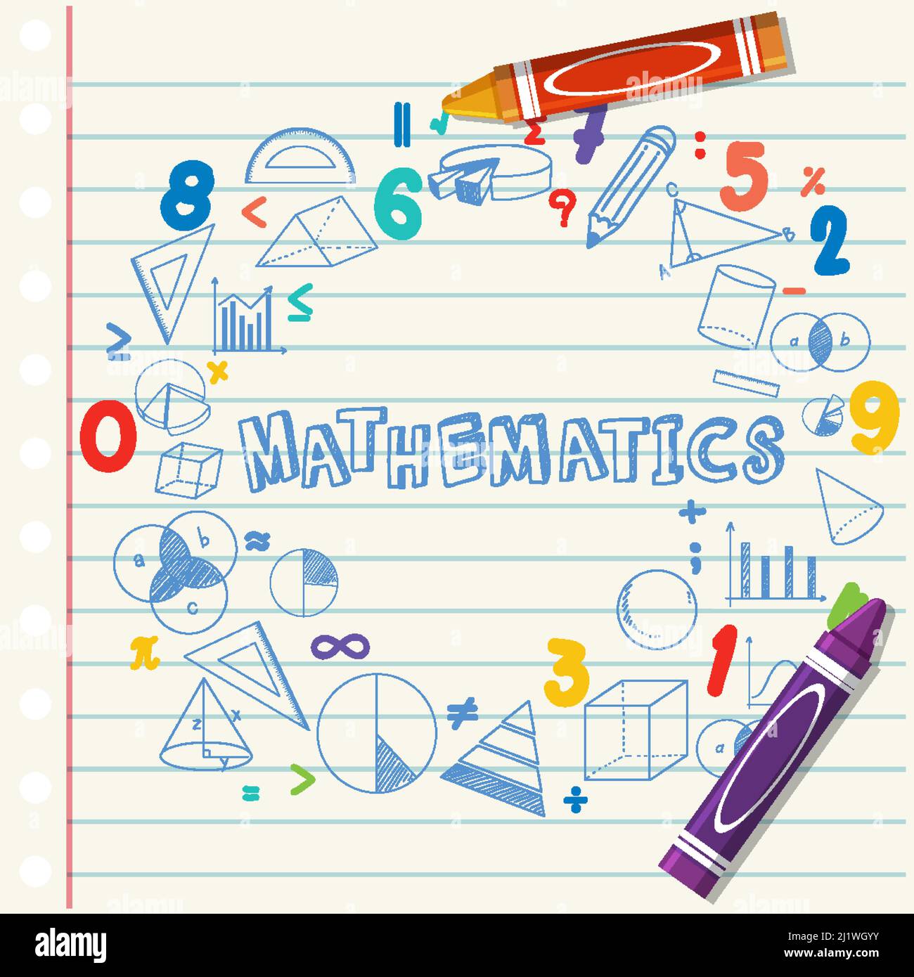 Doodle math formula with Mathematics font on notebook page illustration Stock Vector