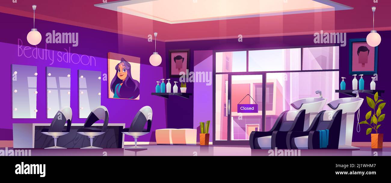 Hair salon interior with hairdresser chairs, mirrors, sink and cosmetics on shelves. Vector cartoon illustration of empty modern barbershop, beauty sa Stock Vector