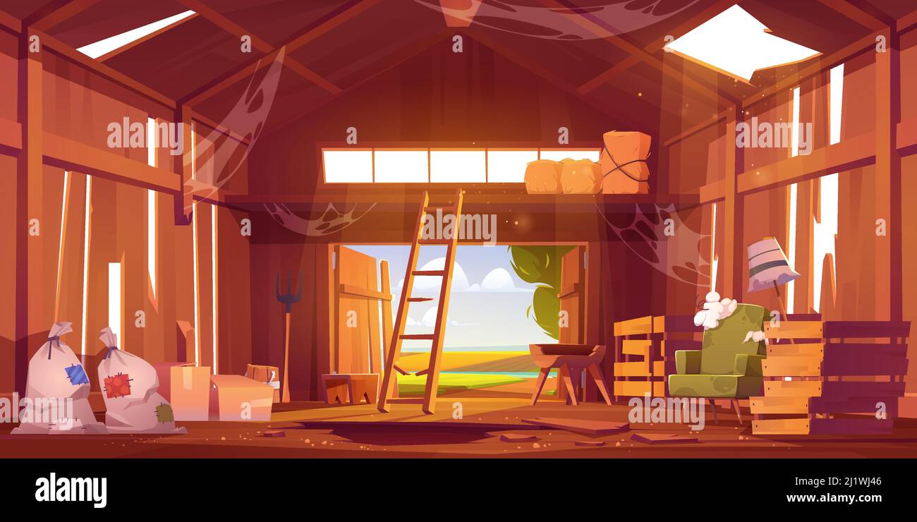 Abandoned barn interior with broken furniture, spiderweb and destroyed floor. Neglected farm house, ranch with haystacks, sacks, fork and open gate, o Stock Vector