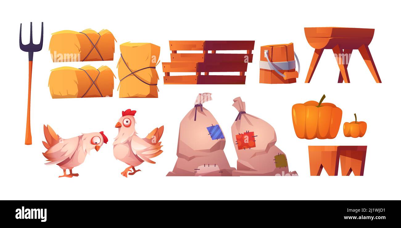 Chickens, straw, bags with harvest and fork isolated on white background. Vector cartoon set of farm icons with hay stacks, wooden boxes, trough and b Stock Vector
