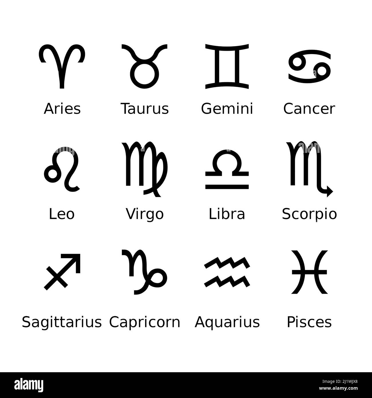 Astrological Glyphs : Aries, Taurus, Gemini, Cancer, Leo, Virgo, Libra, Scorpio, Sagittarius, Capricorn, Aquarius, Pisces, Stock Photo