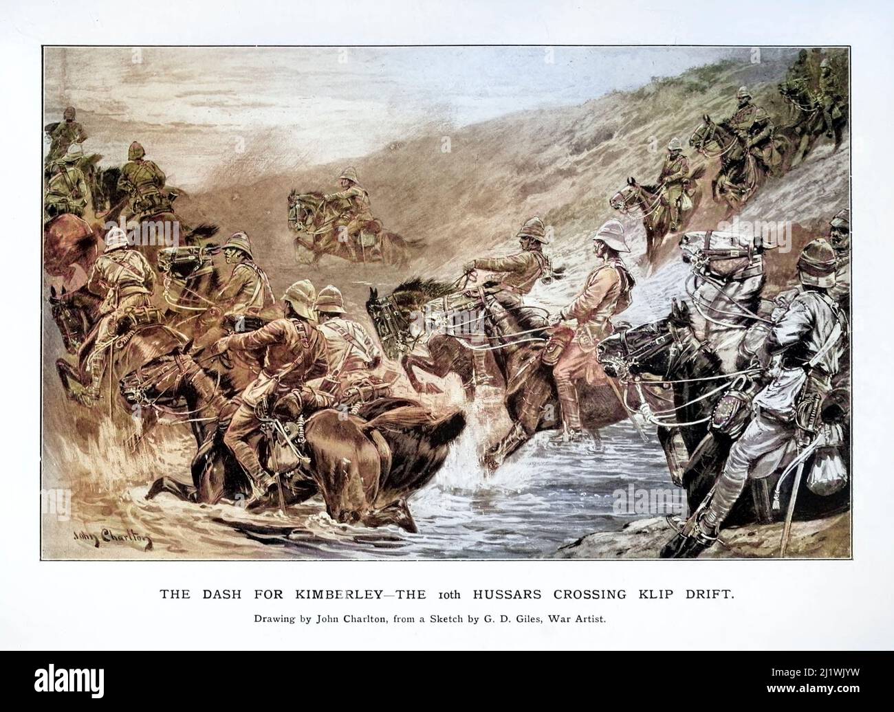 Machine coloured The Dash for Kimberley The 10th Hussars Crossing Klip Drift by John Charlton from the book ' South Africa and the Transvaal war ' by Stock Photo
