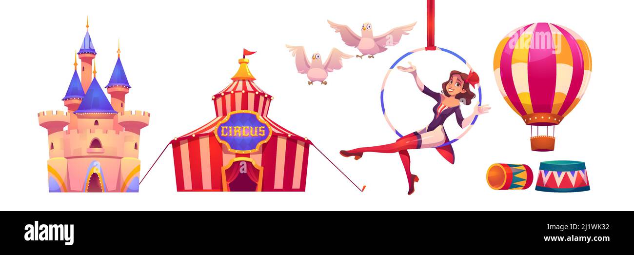 Circus stuff and artist big top tent, aerial gymnast girl sit on hoop, castle building, air balloon and white doves, amusement park decoration isolate Stock Vector