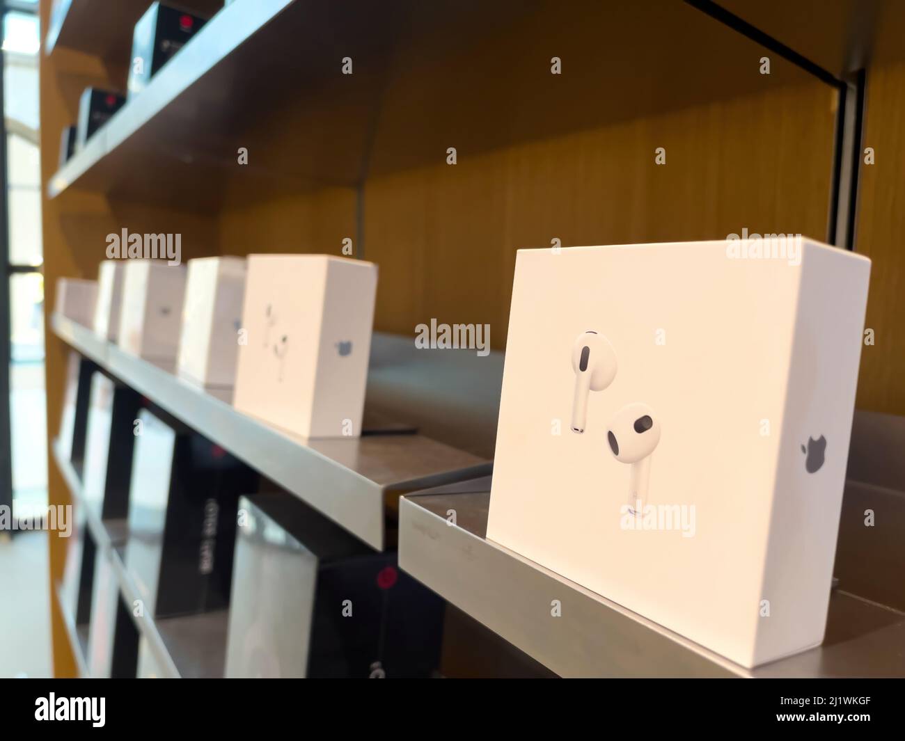 Paris, France - Mar 18, 2022: New AirPods 3 third generation true wireless  noise cancelling earbuds package during the sales launch at the Apple Inc.  flagship store Stock Photo - Alamy