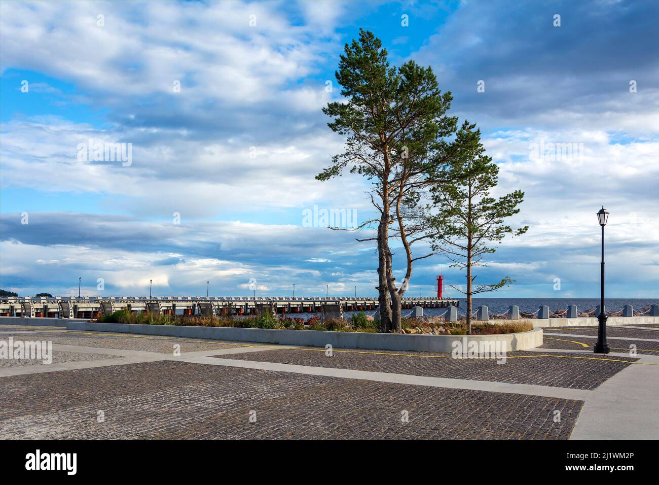 General view of the new monastery harbor on Konevets Island, a modern structure Stock Photo