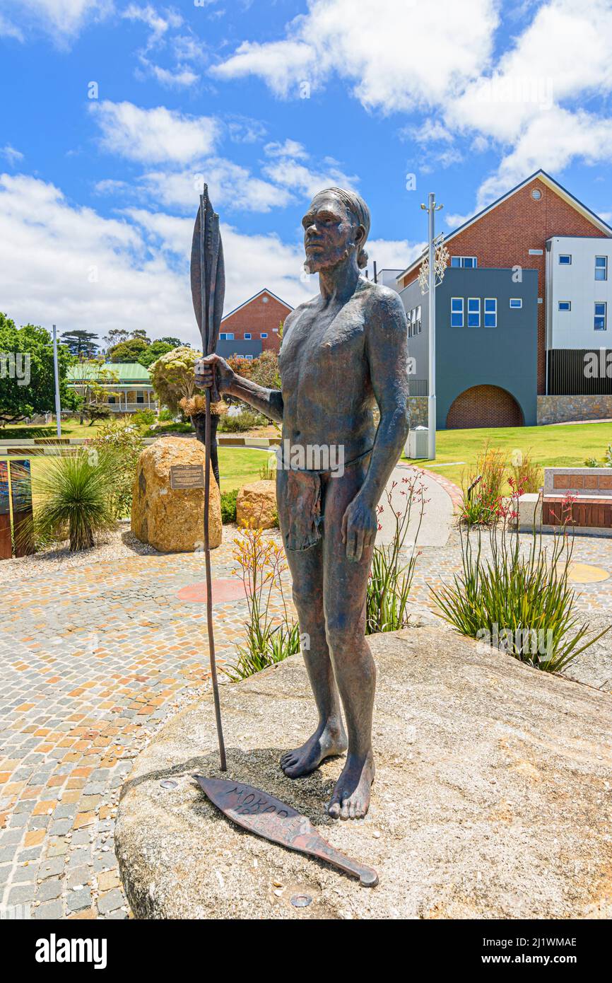 Statue of the Noongar man, Mokare, Alison Hartman Gardens, Albany, Western Australia, Australia Stock Photo