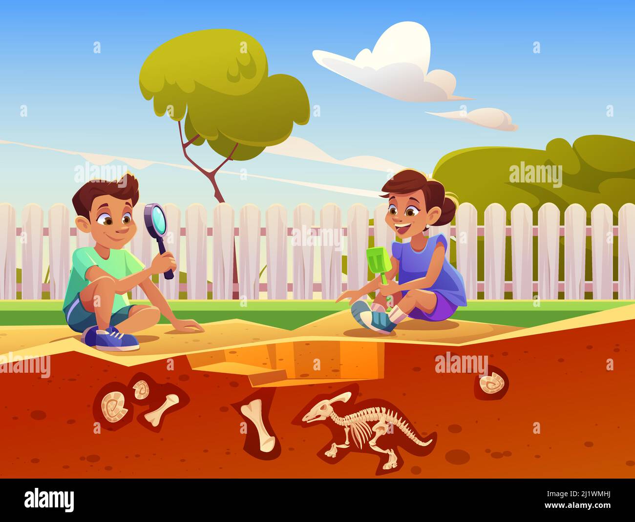 Boy and girl playing in game about excavation fossil dinosaurs in sandbox. Vector cartoon illustration with kids discover buried skeletons and shells Stock Vector