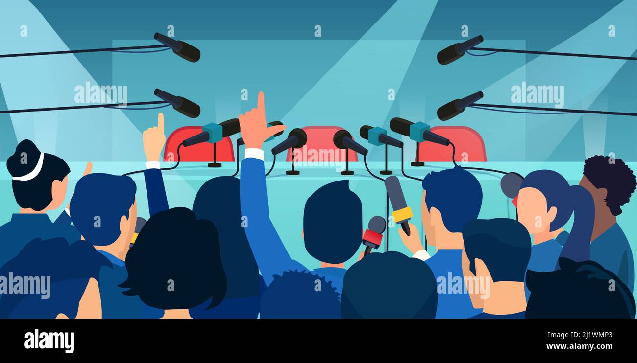 Vector of a large crowd of journalists at a press conference, table with microphones, empty chairs. News report broadcasting, journalism concept Stock Vector