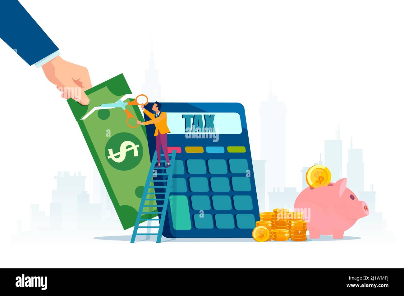 Vector of a business man cutting tax money with scissors Stock Vector