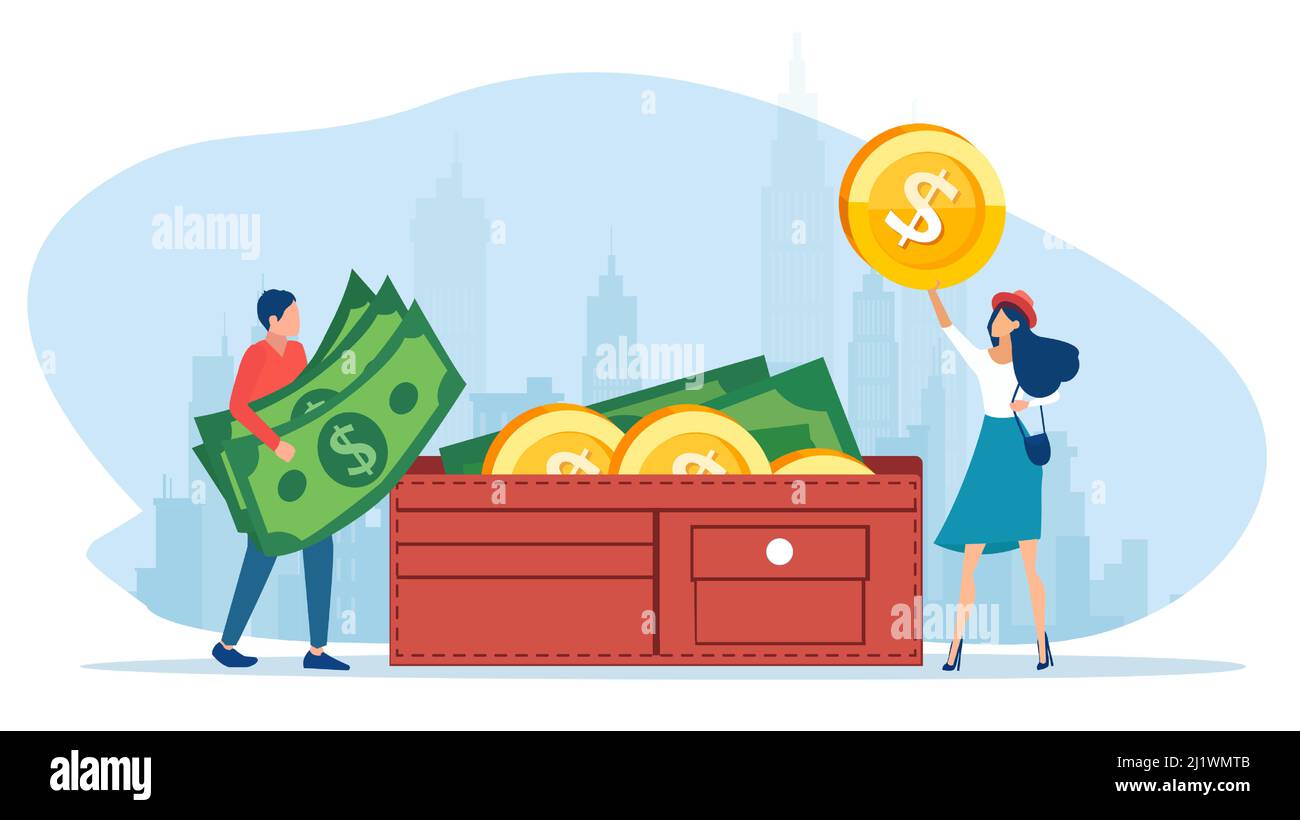 Vector of a young couple counting cash in a wallet. Family budget and finance concept Stock Vector