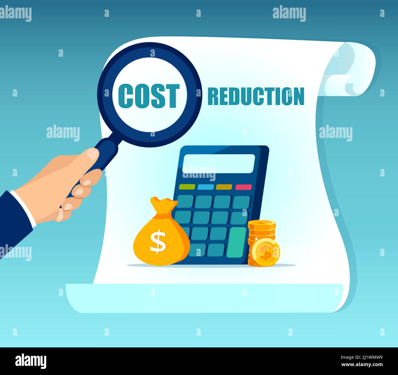 Vector of a businessman analysing cost reduction strategy and options to save money Stock Vector