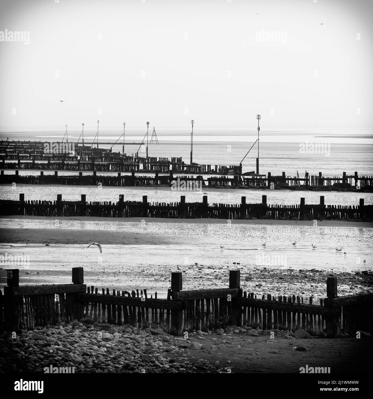 Low Tide Exposing Sea Defences at Hunstanton on a March Evening Stock Photo