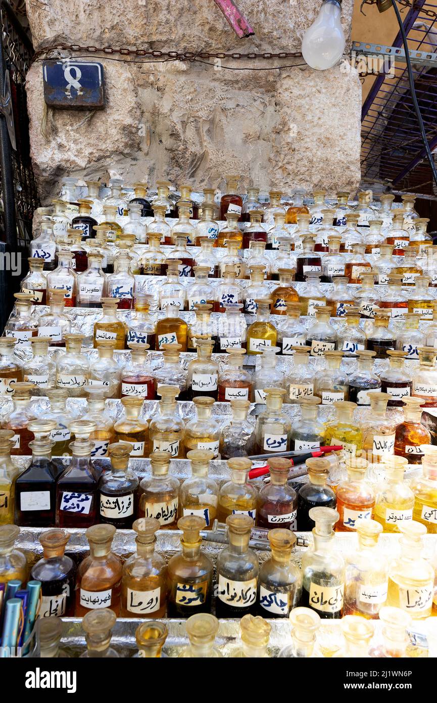 Syria. Damascus. Sale of perfumes and essences Stock Photo