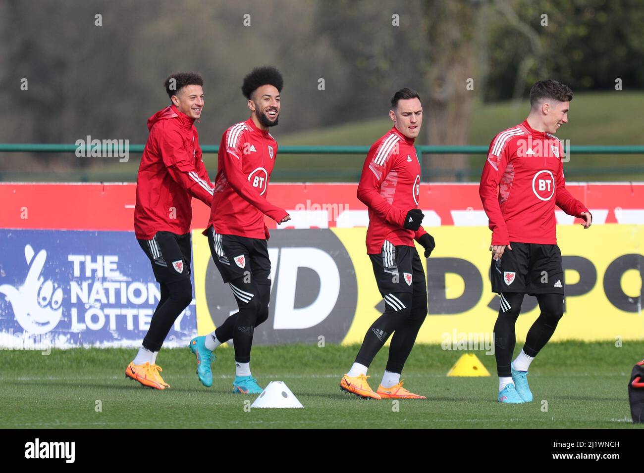 Hensol, Wales, UK. 28th Mar, 2022. Ethan Ampadu, Sorba Thomas, Connor ...