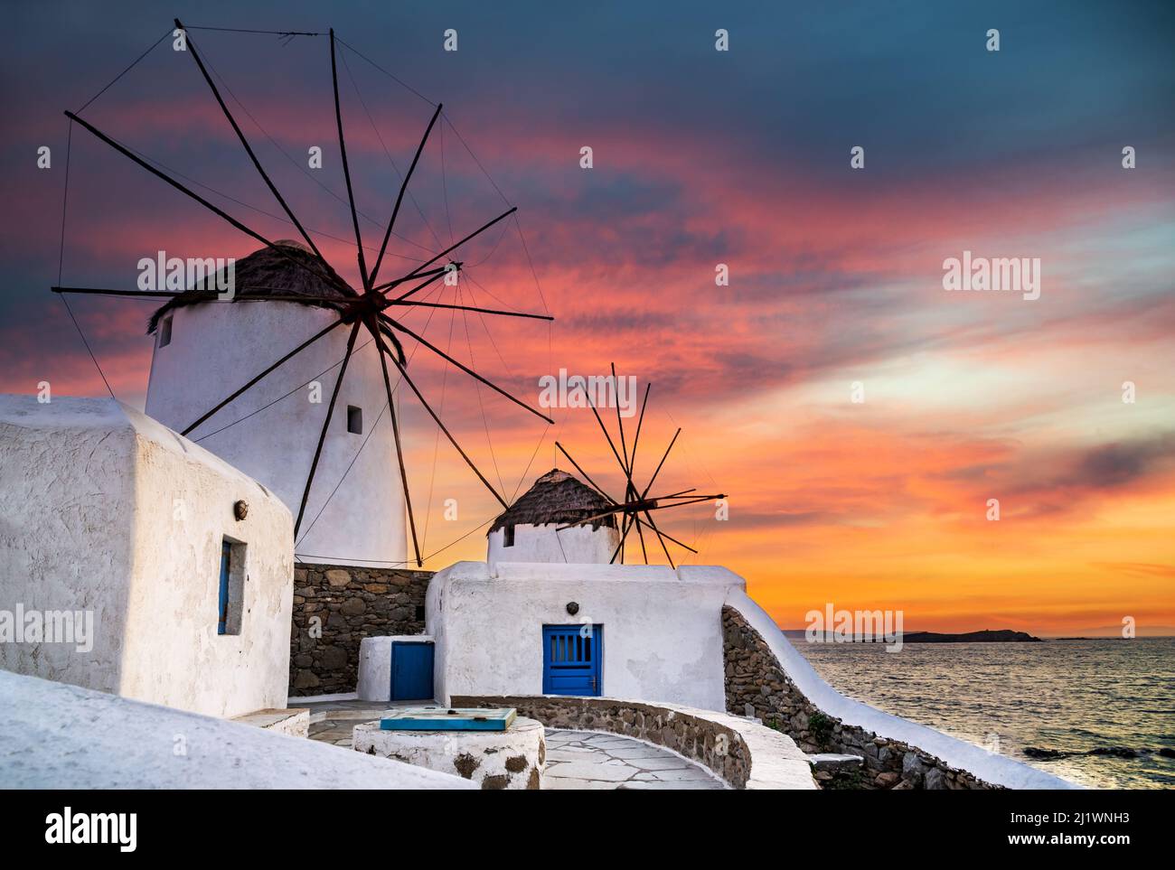 Greek Islands, Greece. Kato Mili are iconic windmill of the island of Mykonos, Cyclades. Stock Photo