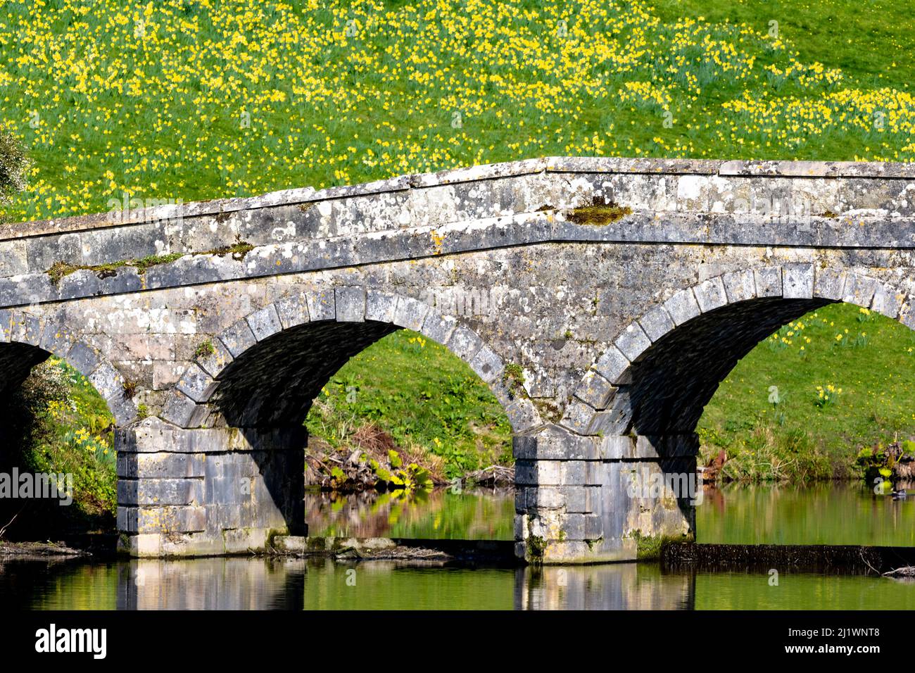 Palladium style bridge over the lake at Stourhead gardens, Stourton, Wiltshire, UK Stock Photo