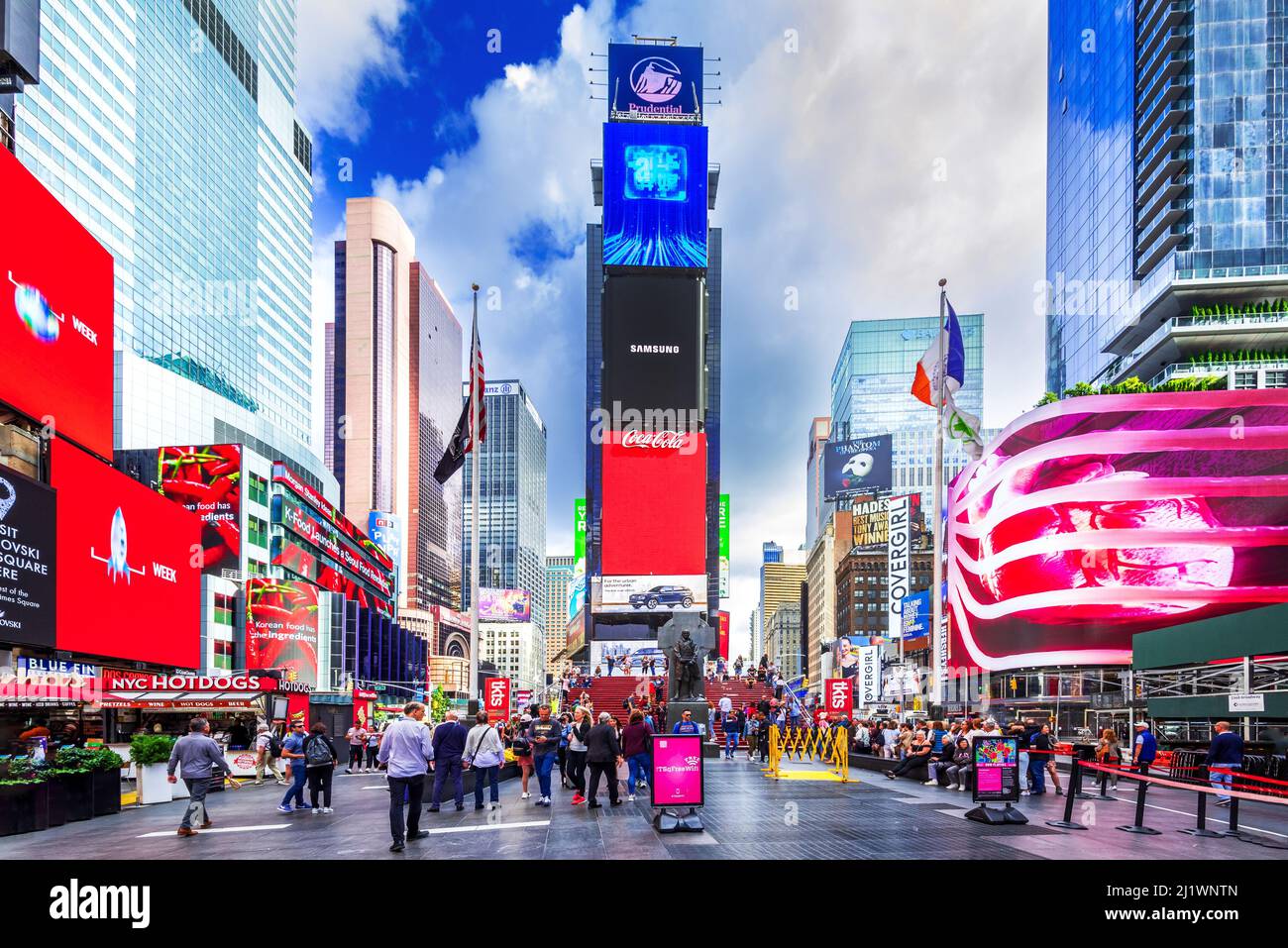 New York, USA - September 2019: Manhattan spotlight, Times Square, iconic place with illuminated billboards of famous corporations, New York City and Stock Photo