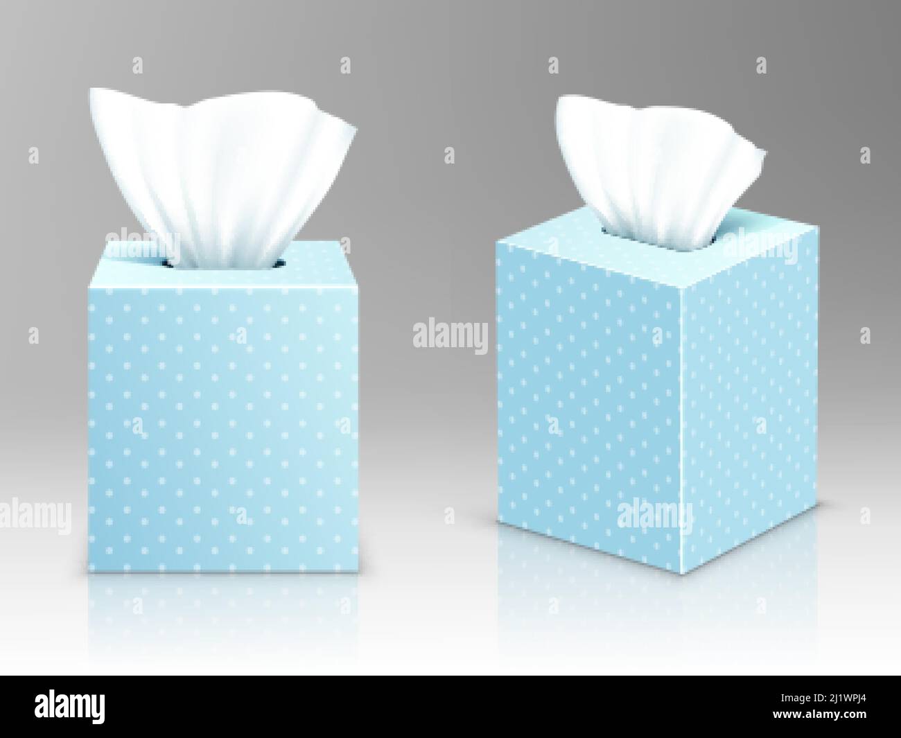 Paper napkin boxes, open packages with tissue wipes front and side view. Hygiene accessories, blue carton packages with polka dots pattern isolated on Stock Vector