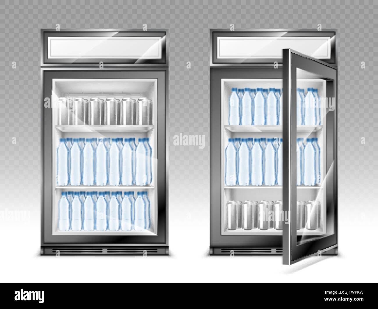 Mini refrigerator with water bottles and beverages, fridge with advertising digital display and transparent close and open glass door. Realistic 3d ve Stock Vector